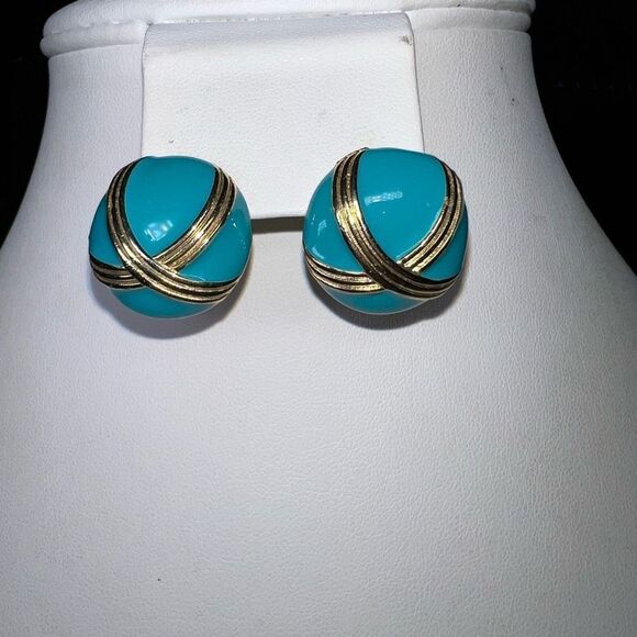 Vintage Gold Tone And Aqua Blue Enameled Earrings - Picture 1 of 5